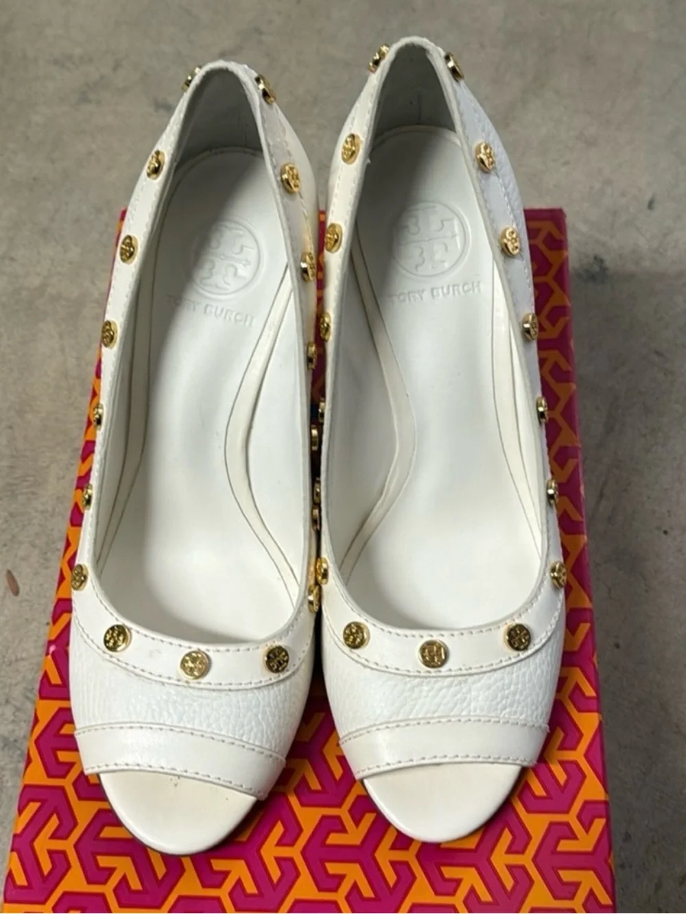 Tory Burch White Leather Peep-Toe Wedges with Gold Studs